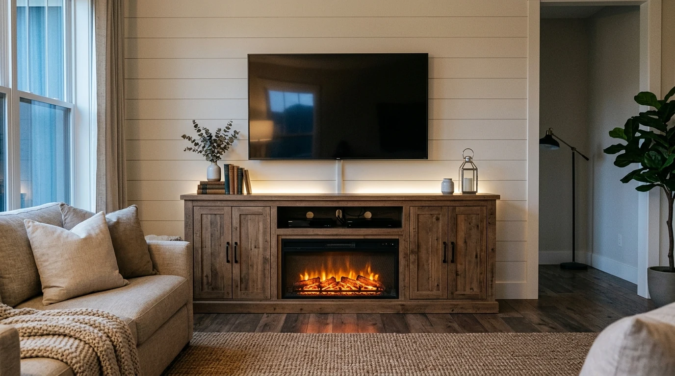 Farmhouse Fireplace TV Stand w/ LEDs for 80-Inch TVs